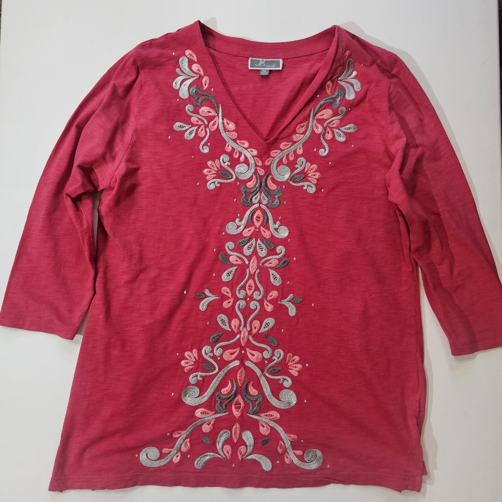 JM Collection Womens Blouse Petite Large‎ Pink Floral Embroidered